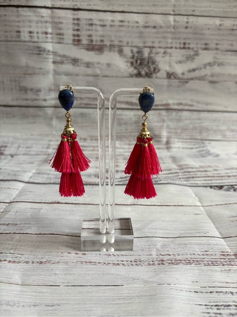 Pink Tassel Drop Earrings with Blue Stone Accent